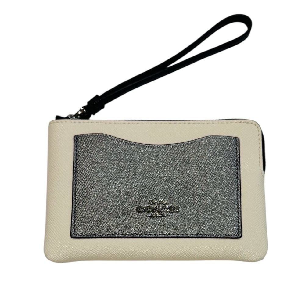 Coach Metallic Silver and Ivory Cream Black Strap Chic Wristlet